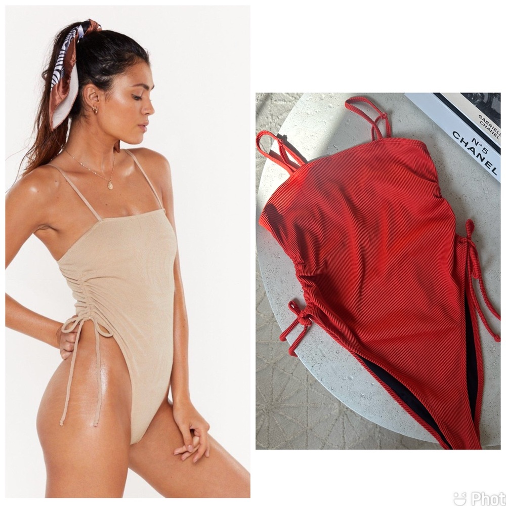 Nasty Gal square neck tie side high leg one piece swimsuit papaya 8 M
